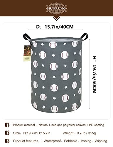 HUNRUNG Round Fabric Collapsible Storage Basket with Handles, Grey Baseball