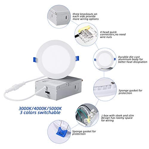 INCARLED 4Inch 3CCT LED Recessed Slim Pot Lights with Junction Box, Dimmable IC Rated Ceiling Lighting 9W 750LM (6pack, 5000K/4000K/3000K-3CCT) — view 2