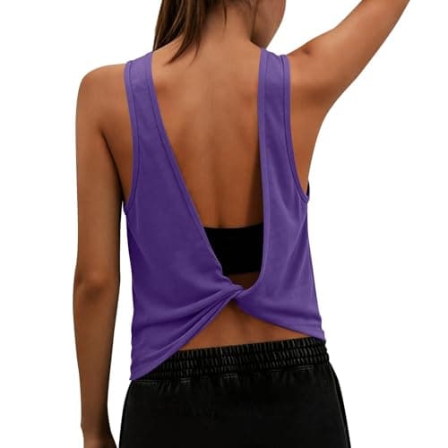 Tank Tops for Women Open Back Athletic Workout Yoga Top Sleeveless Backless Summer Slim Basic Cami Shirts 2026 Long Tank Top for Women Purple L