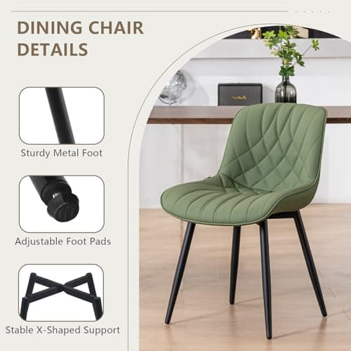 YOUNUOKE Dining Chairs Set of 2, Mid Century Modern Kitchen Chairs with Mid Back and Metal Legs, Upholstered Faux Leather Armless Accent Chairs for Living Room Waiting Room Bedroom, Olive Green — view 5