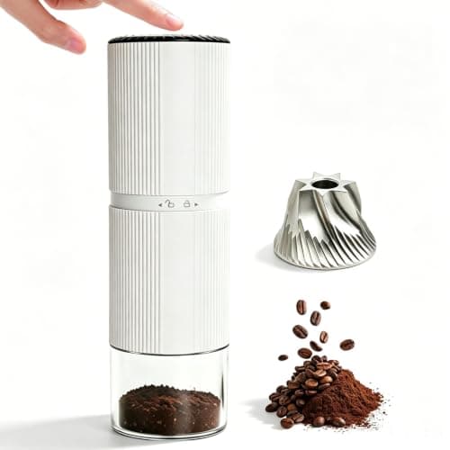 Portable Electric Coffee Grinder, 7-Blade Conical Stainless Steel Burr, 30+ Adjustable Settings, USB-C Rechargeable Cordless Handheld Metal Shell for Espresso & Travel - White