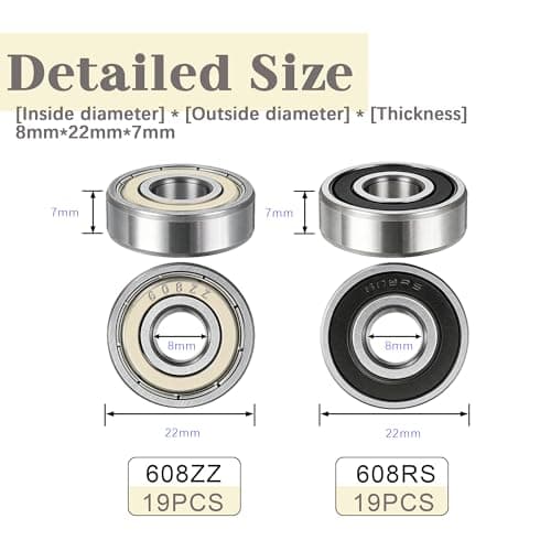 Dianrui 38 PCS 608RS & 608ZZ Ball Bearings Assortment Kit, Small Bearings Carbon Steel Deep Groove Bearing, for Furniture Wheel, Roller Skates, 3D Printing and ect (8mm x 22mm x 7mm)