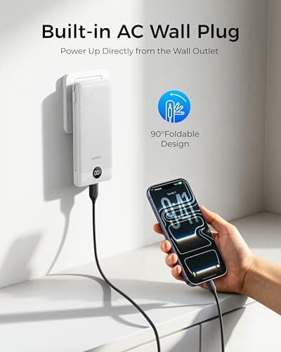 VEGER Portable Charger with Built-in AC Plug and Cables, All in One 10000mAh Ultra Slim Power Bank Travel Essentials, USB C External Battery Pack Compatible with iPhone, Samsung, More, White