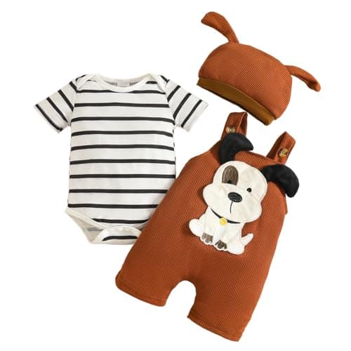 LUJENGEFA Baby Boy Outfit Clothes Set Stripe Overall Tops + Adjustable Suspender Pants +Hat Brown 0-3 months