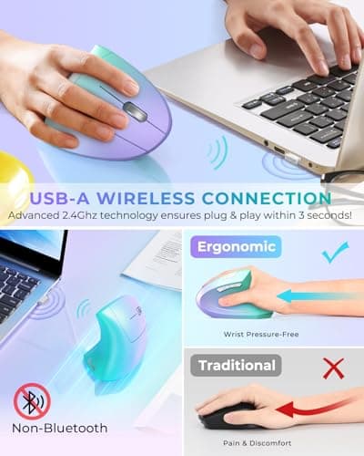 Lekvey Ergonomic Mouse, Vertical Wireless Mouse, Rechargeable 2.4G Optical Carpal Tunnel Mice: 800/1200 / 1600 DPI, 6 Buttons, for Laptop, PC, Mac, Computer, Desktop, Notebook etc, Green Purple — view 2