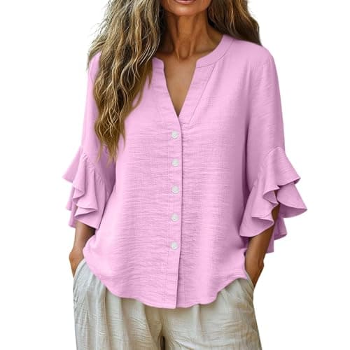 3/4 Ruffle Sleeve Cotton Linen Shirts for Women Dressy V Neck Beach Tunic Tops Elegant Summer Casual Work Blouses Hot Pink — view 4