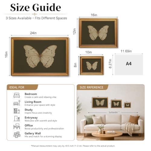 Gold Framed Wall Art Vintage Butterfly Canvas Wall Art White Butterfly Moody Insect Artwork Prints Picture for Living Room Bedroom Farmhouse Bathroom Office Decor, 8x10 — view 4