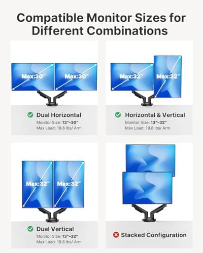 HUANUO FlowLift™ Dual Monitor Stand, Fully Adjustable Gaming Monitor Desk Mount for 13–32″ Computer Screens, Full Motion VESA 75x75/100x100 with C-Clamp & Grommet Base, Each Arm Holds 4.4 to 19.8 lbs — view 5