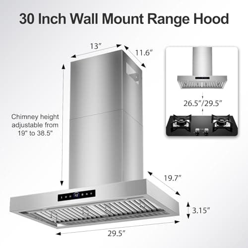 30 inch Range Hood Wall Mount, 1200 CFM with 4-Speed Gesture Sensing & Touch Control, Stainless Steel Ducted Kitchen Stove Vent Hoods with 2 LED Lights, Time Setting, Dishwasher-Safe Baffle Filters