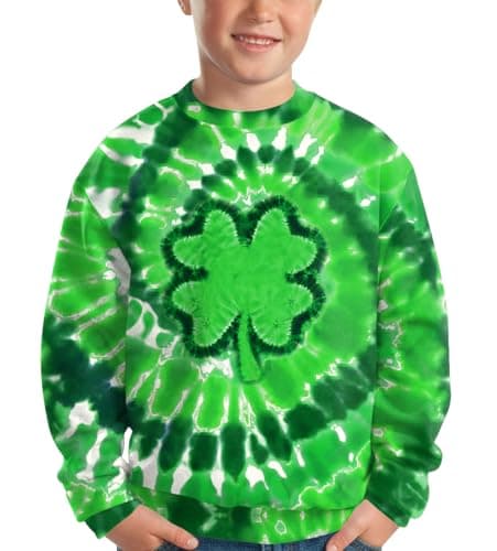BesserBay Unisex Kids Boy Girls St. Patrick's Crew Neck Long Sleeve Casual Sweatshirt Green Tie Dye Clover 5-6 Years