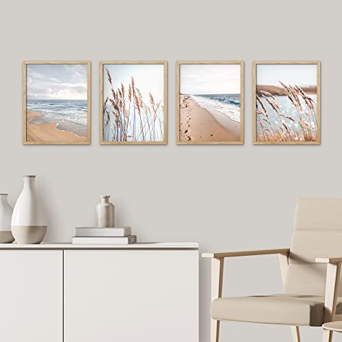 SIGNWIN Framed White Beach Grass Cloudy Ocean Sea Wave Horizon Wall Art, Set of 4 Landscape Colorful Wall Decor Prints, Nature Wilderness Wall Décor for Living Room, Bedroom - 8"x10" Natural — view 2