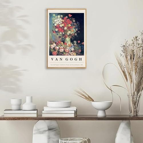 Framed Canvas Print Wall Art Van Gogh Vase with Poppies Cornflowers Peonies & Chrysanthemums Painting Reproduction Ready To Hang Living Room Bedroom Kitchen Office Home Decor 16"x 24" Natural Framed — view 3