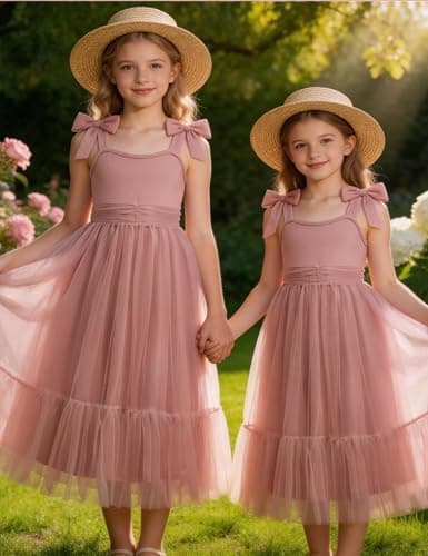 Arshiner Girls Dresses Summer Sleeveless Bow-Tie Straps Birthday Party Long Tulle Dress Pink Kids 7-8 Years — view 6