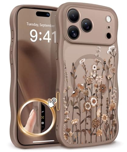 GVIEWIN for iPhone 17 Pro Max Case Compatible with MagSafe [Curly Wave Edge][Full Camera Protection] Floral Translucent Shockproof Magnetic Women Phone Case for 17 Pro Max, Floratopia/Brown