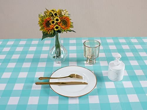 Kesfey 3 Packs Aqua and White Gingham Table Cloths 54 x 108 Inches Disposable Plastic Checkered Tablecovers Waterproof Rectangle Picnic Party Table Covers for Birthday Party Supplies Christmas — view 7