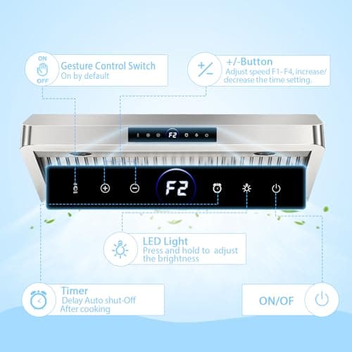 30 inch Under Cabinet Range Hood 1200 CFM with 4-Speed Gesture Sensing & Touch Control, Stainless Steel Kitchen Stove Vent Hoods with 2 LED Lights, Time Setting, Dishwasher-Safe Baffle Filters — view 5