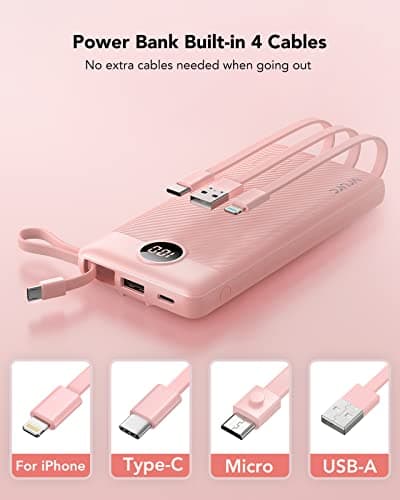 VRURC Portable Charger 10000mAh, Battery Pack with LED Display,Slim Power Bank Built-in USB C Cables Phone Charger Compatible with iPhone17/16/15 & Early Series,Samsung,Android etc-Pink