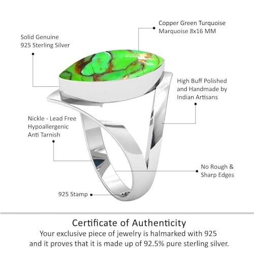JEWELOPORIUM Copper Green Turquoise Silver Ring Size 9, 925 Sterling Silver Ring for Women, Marquise Gemstone Boho Jewelry — view 3