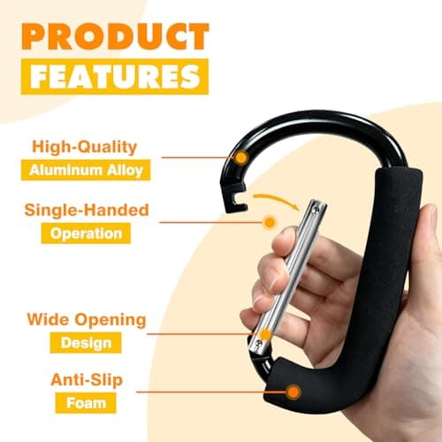 Stroller Hooks 4 Pack, 5.5" Black Baby Stroller Clips for Baby Diaper Bag, Grocery, Purse, Hanging Bags, Mommy Hook Backpack Accessories for Outdoor, Camping and Hiking, Large Carabiner Clip — view 3