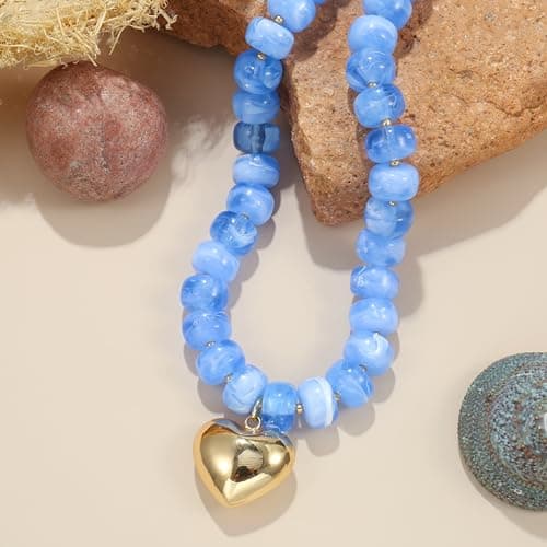 Wassazi Blue Chunky Beaded Necklace for Women, Colorful Acrylic Bead Statement Puff Heart Pendant Necklace, Cute Boho Y2K Choker Necklace for Gift Jewelry — view 4