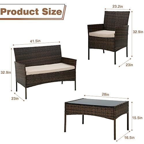 BestOffice Patio Furniture 4 Pieces Outdoor Indoor Use Rattan Chairs Wicker Patio Loveseats Conversation Sets with Table and Beige Cushions for Backyard Lawn Porch Garden Balcony,Brown — view 6