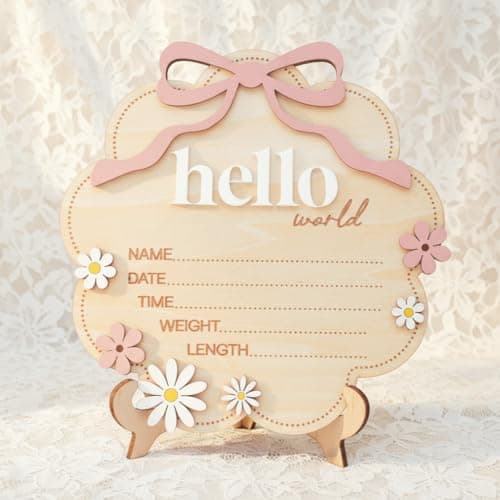 TTMerriwood Hello World Wooden Baby Birth Announcement Sign with Pink Bow, Cloud Shape Floral Newborn Name Date Time Weight Length Board, Baby Girl Nursery Photo Prop (Light Pink) — view 5