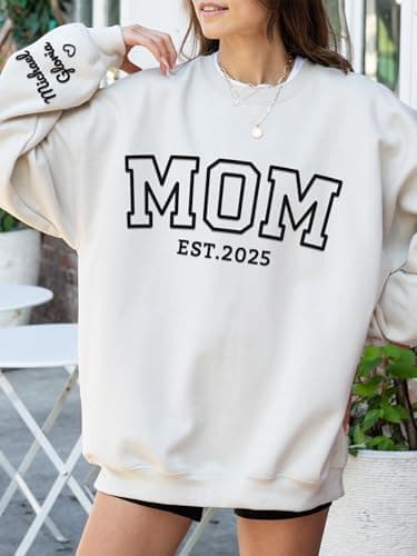 YUNART Personalized Mothers Day Christmas Birthday Gift for Mom, Custom Embroidered Sweatshirt and Hoodie with Names on Sleeve, Customized Mom EST Shirt — view 2