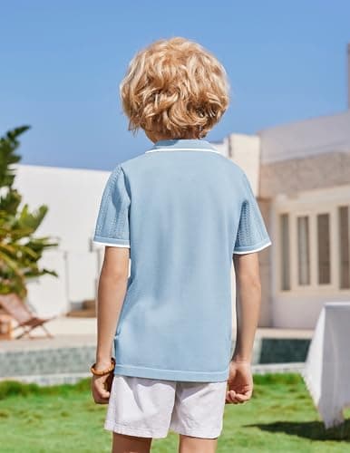 Arshiner Boys Button Down Shirt Short Sleeve Knit Shirt Summer Vintage Fashion Casual Beach Shirts for Kids 3-14 Years Light Blue — view 2
