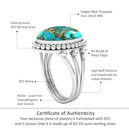 JEWELOPORIUM Copper Blue Turquoise Silver Ring Size 7.5, 925 Sterling Silver Ring for Women, Oval Stone Boho Jewelry — view 3