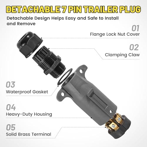 Oyviny RV 7 Pin Trailer Plug with IP68 Waterproof Seal, Detachable 7 Way Round RV-Style Trailer Side Connector 7 Point Trailer Wiring Plug