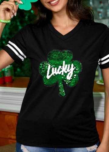 ALIREVERIE St Patricks Day Womens Short Sleeve Crewneck Lucky Clover Graphic Casual Holiday T Shirt Black M