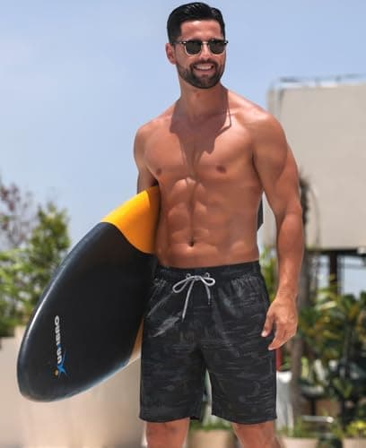 ELETOP Men's 9 Inch Quick Dry Swim Trunks 4 Way Stretch Swim Shorts Beach Men's Bathing Suit Swimwear with Mesh Lining Charcoal Palm Print XL — view 2