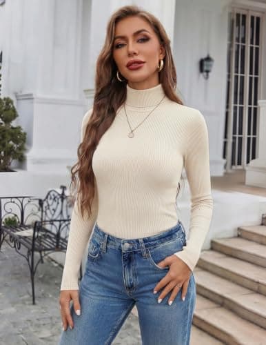 Ekouaer Ribbed Long Sleeve Turtleneck Tops for Women Lightweight High Neck Winter Shirts Basics Fashion Layering Tee Beige M
