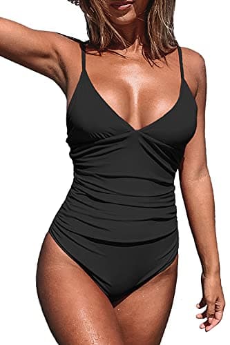 CUPSHE Women's One Piece Swimsuit Tummy Control V Neck Bathing Suits, Black, Large