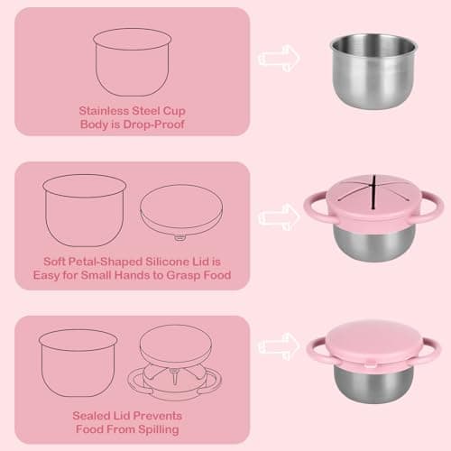 Daximo 2 Pack Snack Cups for Toddlers Spill Proof - Detachable Stainless Steel Toddler Snack Cups with Silicone Lids & Handles - Dishwasher Safe Snack Container (Matte Pink and Matte Off White) — view 2