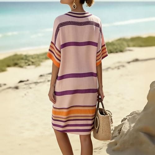 Dresses for Women Linen 3/4 Sleeve Midi Dresses Cute Striped Dress Summer V Neck Boho Vacation Dress Casual Outfits Pink-XXXL — view 2