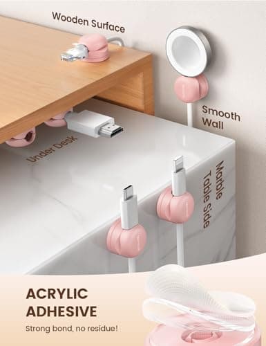 Lamicall 6 Pack Rotatable Spring Cord Organizer, Women Girls Adhesive Cable Management for Desk Nightstand Wall, Office Home Dorm Room Cable Clips Organizer Decor, Phone Charger Cord Holder, Pink — view 3