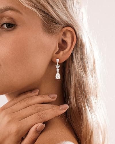 HANLI Dangle Earrings for Women – Silver Drop Earrings Sparkly Silver Dangle Earrings Elegant Dangling Earrings for Wedding Bridal Prom Jewelry — view 2
