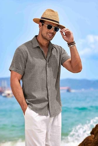 COOFANDY Men's Linen Shirts Short Sleeve Casual Button Down Shirt for Men Untucked Shirt Summer Vacation Brown