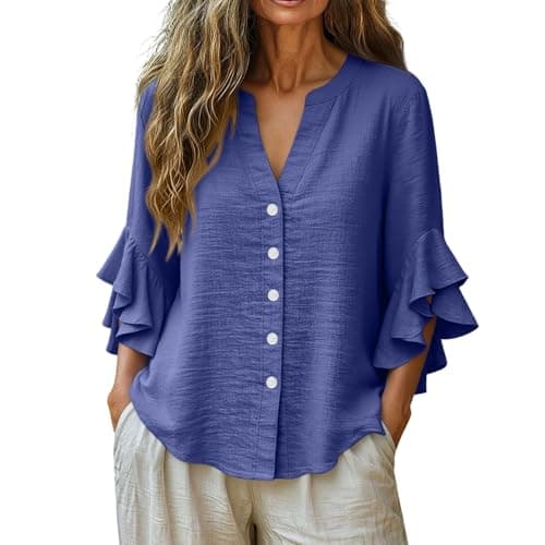 3/4 Ruffle Sleeve Cotton Linen Shirts for Women Dressy V Neck Beach Tunic Tops Elegant Summer Casual Work Blouses Sky Blue — view 4