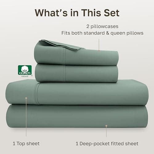 California Design Den 100% Cotton Sheets, Softest Queen Sheet Set, Cooling Sheets for Bed with Deep Pockets, 400 Thread Count Sateen, Bedding Sheets & Pillowcases, Queen Sheets (Sage Green) — view 3