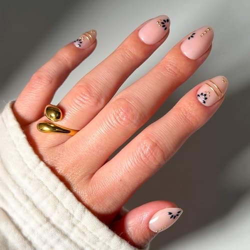 Glamnetic Press On Nails - Short Oval Fake Nails with Greek-inspired Patterns, Gold Foil & Glossy Finish | Salon Quality Vacation Nails | Myko Muse | 15 Sizes - 30 Nail Kit with Glue