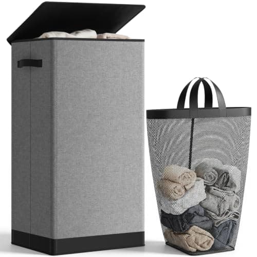 SOLEDI 100L Laundry Basket with Lid Large Laundry Hamper, Clothes Hamper with Laundry Bag Easy to Carry, Collapsible Storage Bins for Bedroom, Bathroom, Dorm, Apartment, College, Wardrobe, Grey