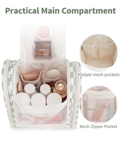Narwey Small Hanging Toiletry Bag Women Travel Toiletries Makeup Bag Cosmetic Make up Bags for Travel Size Essentials Accessories (Medium,Mint Green Checkerboard) — view 2
