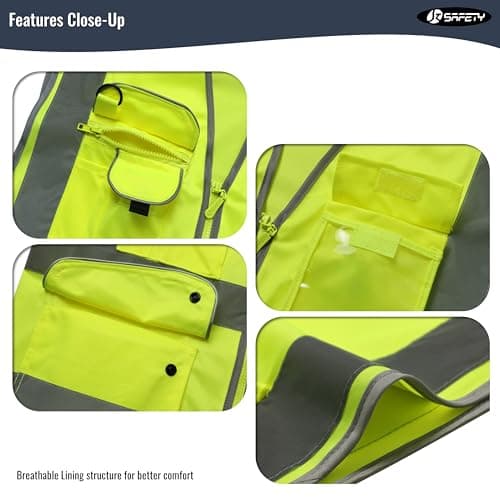 JKSafety 9 Pockets Class 2 High Visibility Zipper Front Safety Vest With Reflective Strips,Meets ANSI/ISEA Standard (Large, 150-Yellow) — view 3