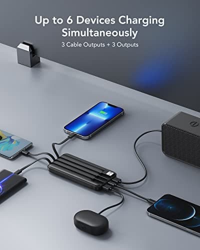 Charmast Power Bank with Built in Cables, 10000mAh USB C Battery Pack 6 Outputs 2 Inputs with LED Display Type C Powerbank Portable Charger Compatible with Smartphones Tablets and More (Black) — view 6