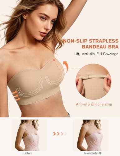 Avidlove Strapless Bras for Women Non-Slip Bandeau Bra Push Up Invisible Bralettes Seamless Wireless No Underwire Padded Tube Top Bra Nude M