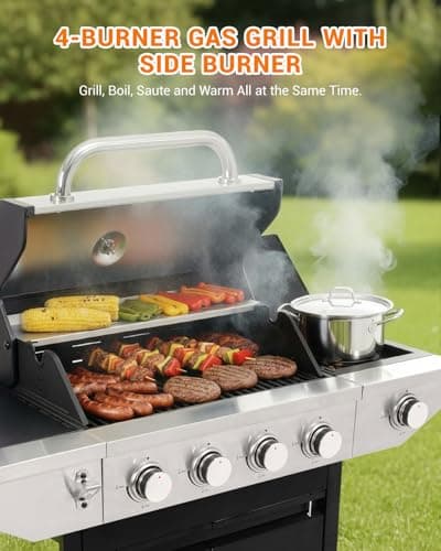 EUHOME 4-Burner Propane Gas BBQ Grill with Side Burner, 46,500 BTU Output Stainless Steel Barbecue Grill with Enameled Cast Iron Grates and Side Tables for Outdoor Cooking Kitchen and Patio Backyard — view 2