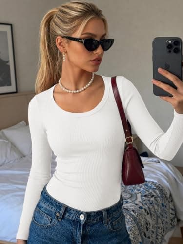 Ekouaer Women's 3 Pack Thermal Undershirts Ribbed Round Neck Tops Long Sleeve Base Layer Shirts Fitted Stretch Tshirt 2025 Trendy Black/White/Dark Grey L — view 2