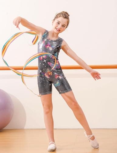 ACOCOPY Girls Black Leotards Sparkly Butterfly Printed Biketards Unitard Sleeveless Stretchy Athletic Outfits With Shorts, little kid — view 3